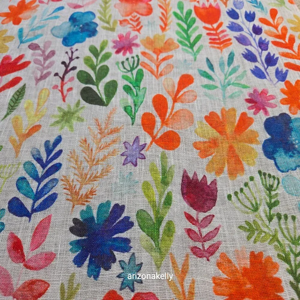 NWOT Linen Scarf Watercolor Flowers Colorful Art - Picture 7 of 10